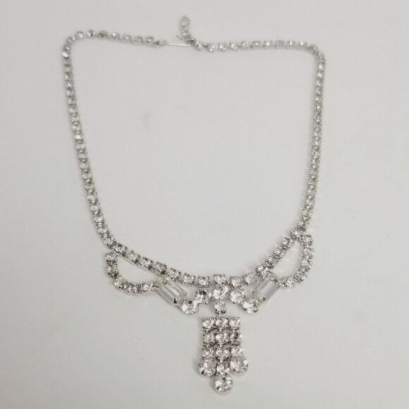 Vintage Fancy Rhinestone Collar Necklace, Silver Tone Prong Set Glass Stones - Picture 1 of 7